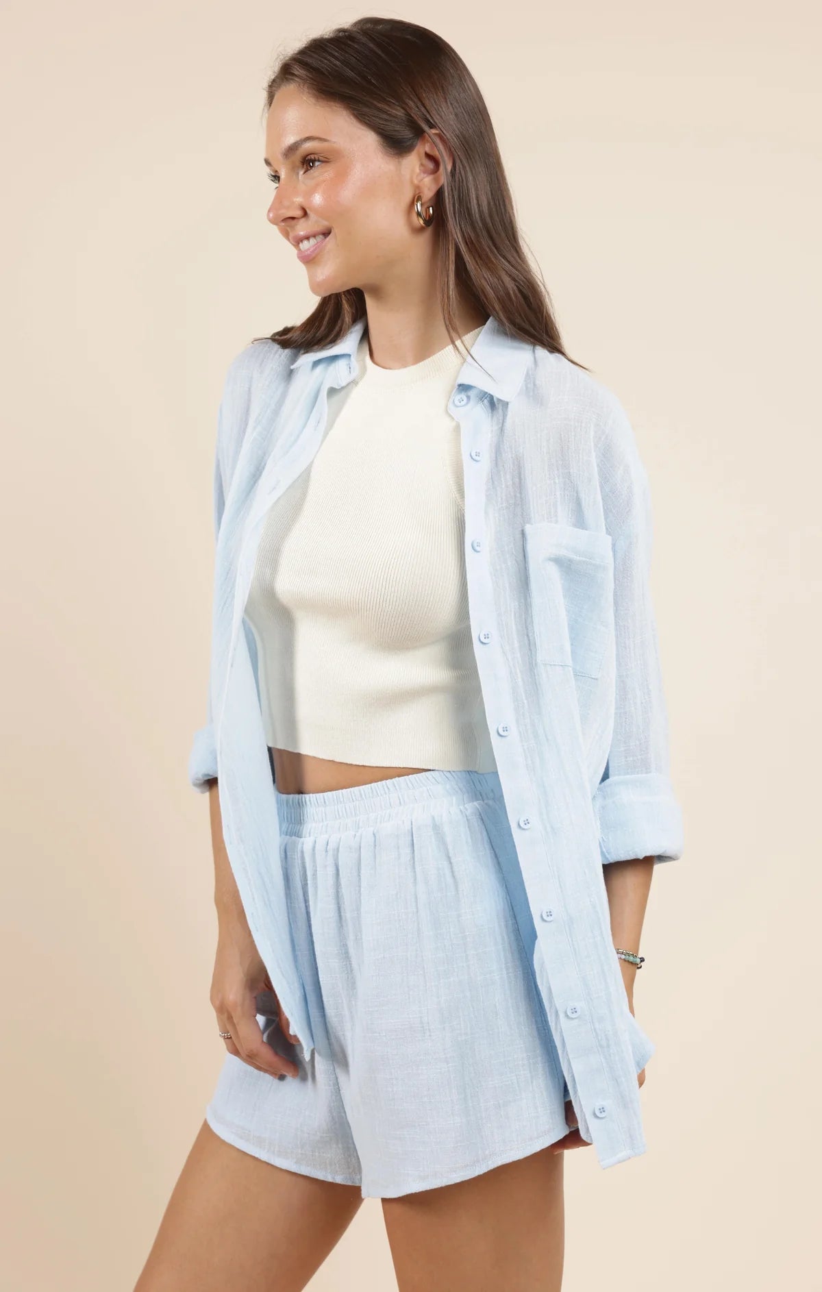 SO CAL BUTTON UP SHIRT/SHORT SET- POWDER BLUE