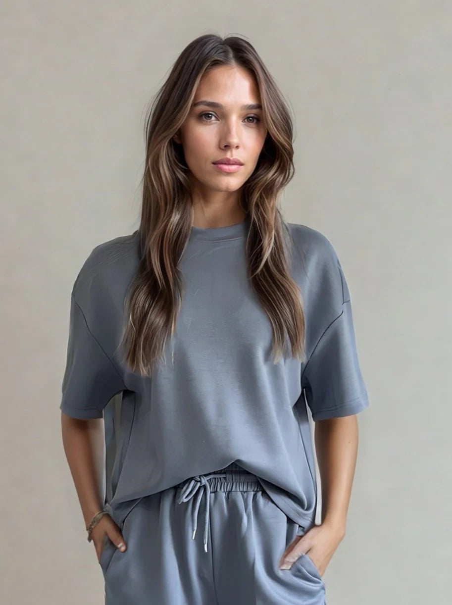 LUXEFLOW RELAXED TEE AND SHORT SET - SKY