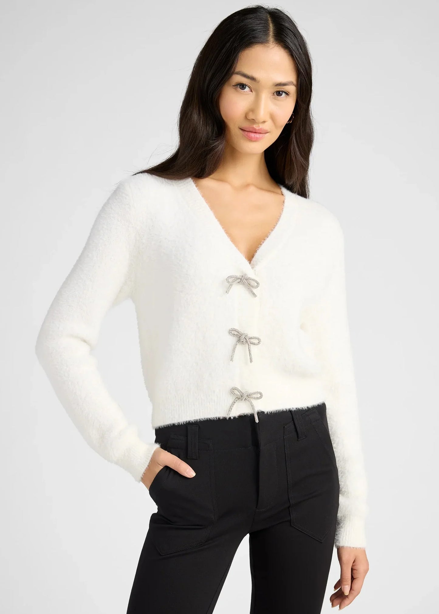 PORCELAIN CARDIGAN WITH RHINESTONE BOWS